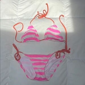 Hot Pink & White Striped Bikini with Orange Straps